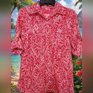 Lilly Pulitzer Red and White Tropical Print Button-Up Blouse